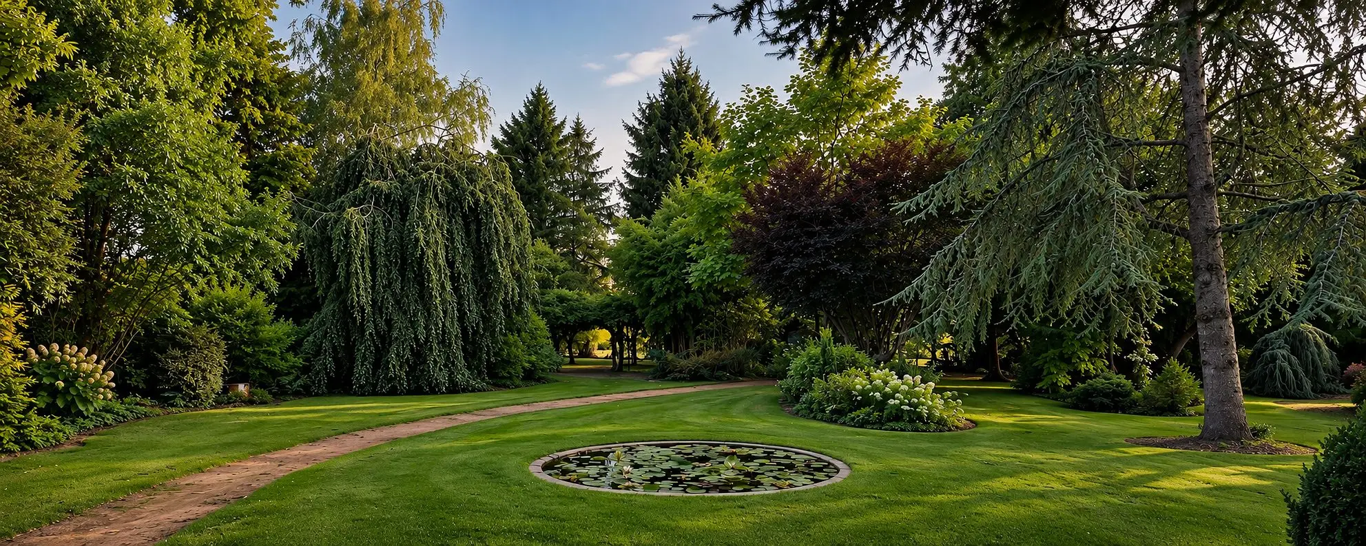 Allée engazonnée du jardin bordée de grands conifères, avec un bassin circulaire planté de nénuphars